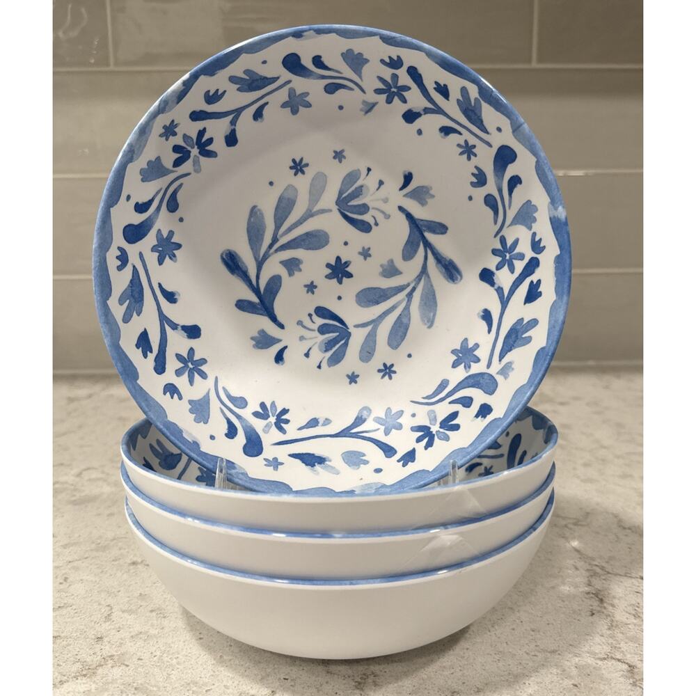 Set 4 WHITE & BLUE Floral 7.5” Melamine BOWLS Beach to Bistro SIGRID OLSEN New